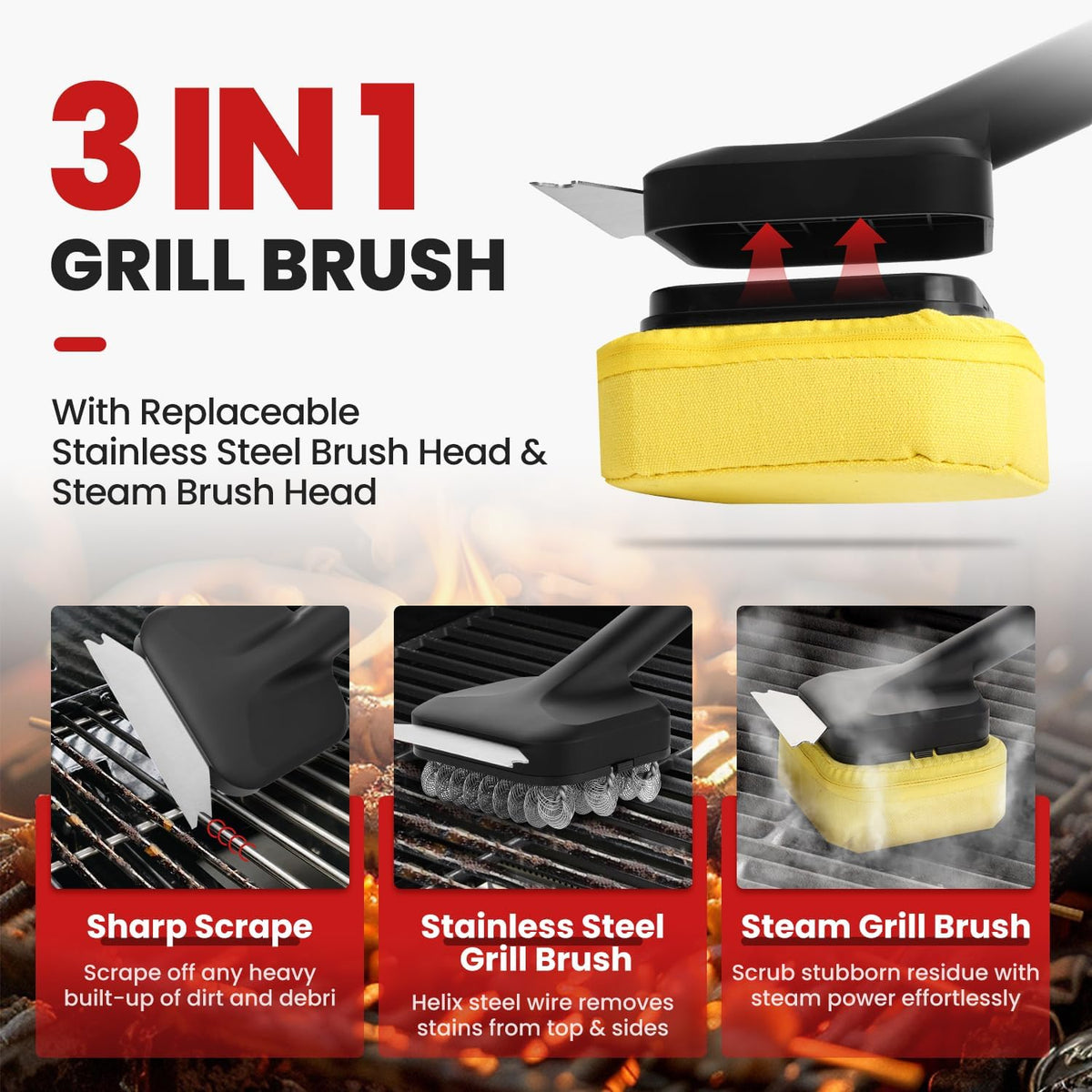 3 in 1 Grill Brush Bristle Free with Scraper, Coinicxcel Steam Brush & Stainless Steel Helix Brush Replaceable Head for Outdoor Grill Accessories, Safe BBQ Cleaning Brush Kit for Most Type of Grate