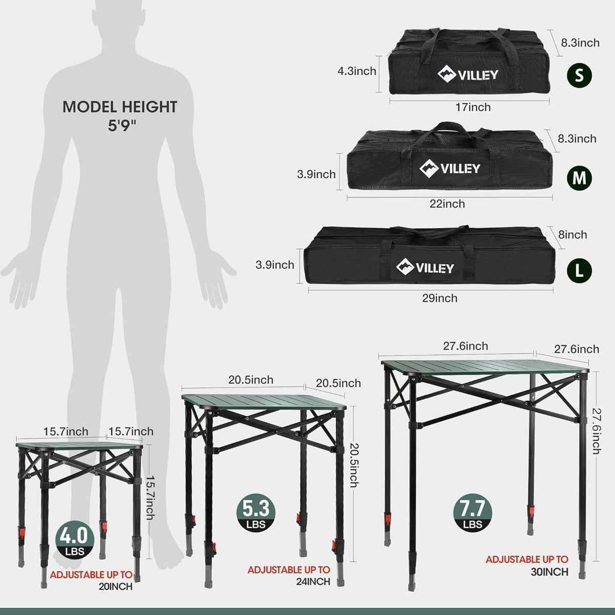 VILLEY Folding Camping Square Table with Carry Bag, Lightweight Aluminum Adjustable Square Table for Outdoor, Camping, Picnic, Backyards, BBQ (L)
