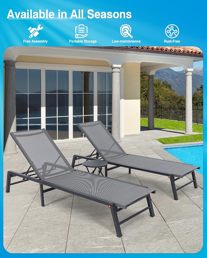 Aluminum Chaise Lounge Chair Outdoor, Foldable Patio Lounge Chair 2 Sets with Table Assemble-Free, Pool Lounge Chairs with 5 Adjustable Backrest, Outdoor Lounge Chairs for Outside Poolside Brown