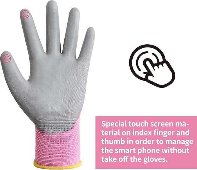 DULFINE Work Gloves for Men PU Coated 12 Pairs Bulk Pack,Pink Seamless Knit Glove with thin Polyurethane,Two Finger Touchscreen, for Men and Women, Ideal for Light Duty Work. (Large)