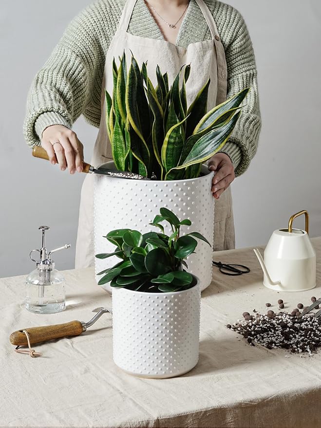 LE TAUCI Ceramic Plant Pots Indoor, 10+8+6 Inch Planters for Indoor Plants, Raised Dots Flower Pots with Drainage Hole and Plug, Cylinder Round Planters, Set of 3, White