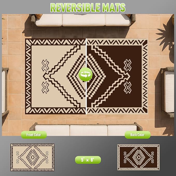 WILDROOTS 5x8 Feet Del Diamond Plastic Outdoor Rug, Stain Resistant Waterproof Reversible Outdoor Patio Rug, Fade Resistant Camping Rug