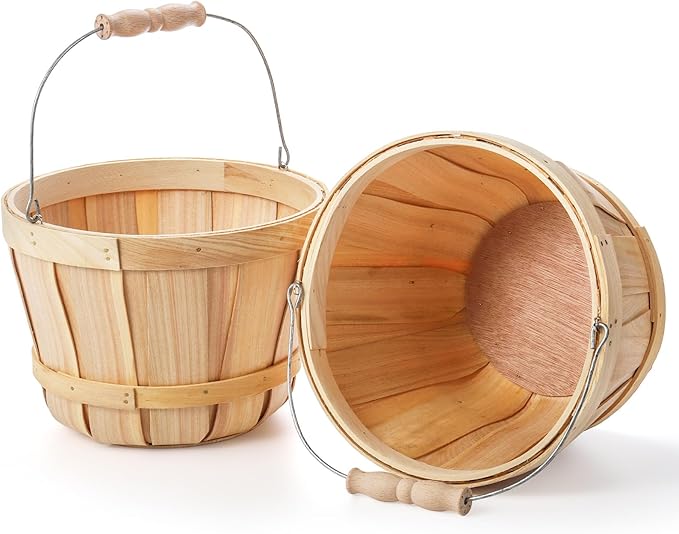 Okllen 2 Pack Round Wooden Baskets with Handle, Empty Wood Fruit Buckets, Easter Basket Fall Harvest Basket for Display Fruits Vegetables, Home Garden and Party Supplies, Natural Color