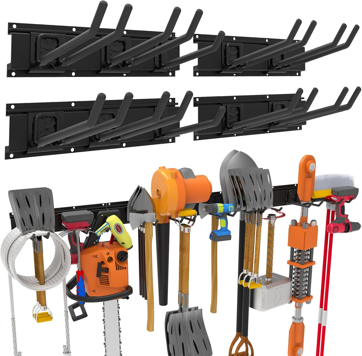Wall-Mounted Garage Tool Organizer: 64 Inch Heavy-Duty Garden Rack & Wall Storage System - 4 Rails 10 Non-Slip Hooks for Folding Chairs, Ladders & DIY Tools