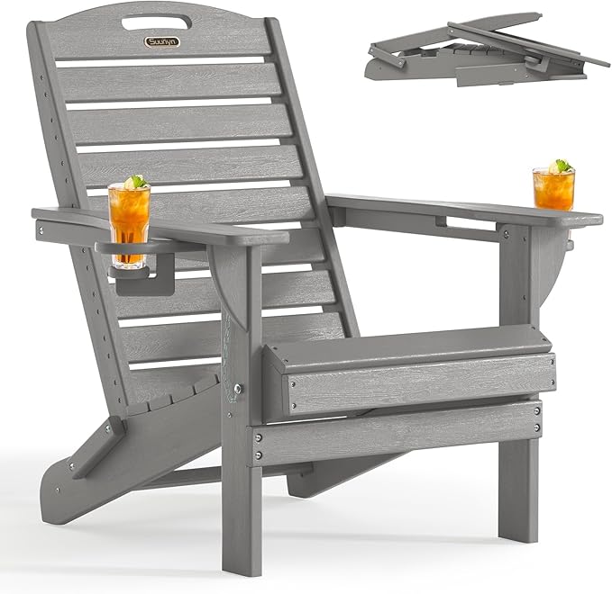 Adirondack Chair Folding HDPE Adirondack Chairs with Cup Holder, Outdoor Fire Pit Chairs All-Weather Lawn Chair for Deck Patio Garden (Grey)