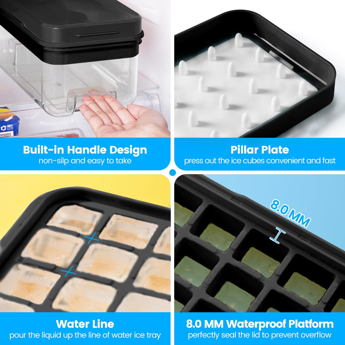PHINOX 1" Ice Cube Tray with Lid and Bin, Easy Release 96 Cubes for Freezer
