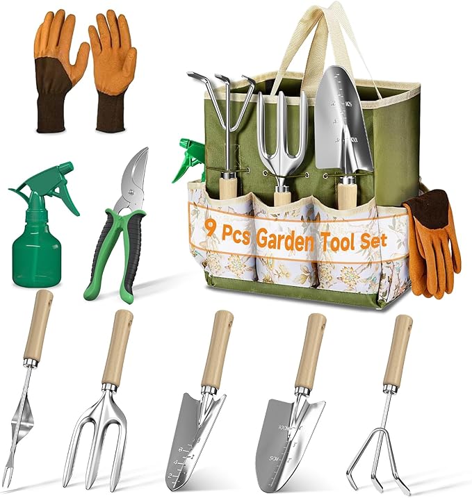 LASZOLA 9 Pcs Garden Tools Set with Tote Bag and Hand Trowel Rake Shovel, Heavy Duty Stainless Steel Gardening Kit for Outdoor Plant, Standable Portable Handbag Organizer, Ideal for Women Mom, Green
