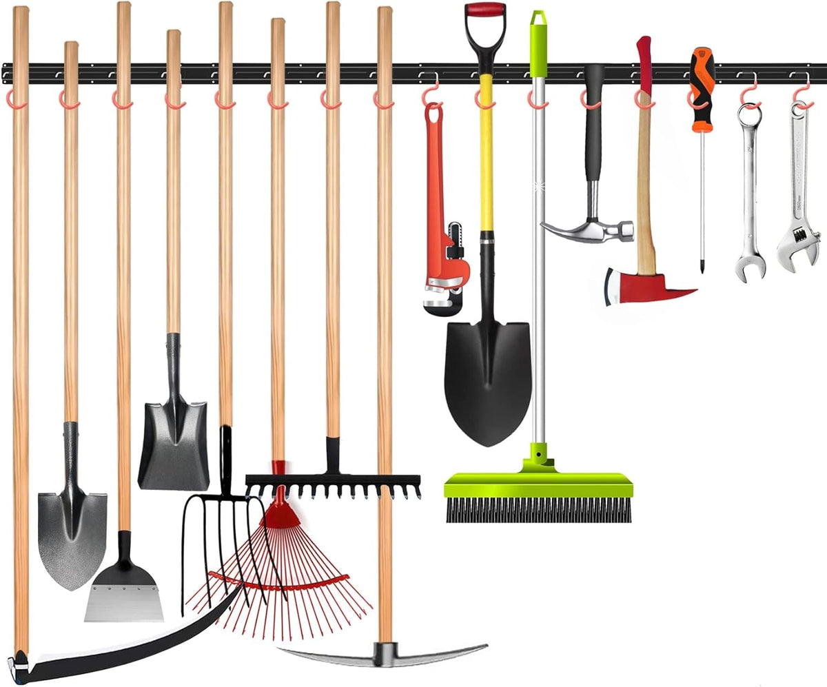 WALMANN All Metal 64 Inch Wall Mount Garden Tool Organizer for Garage, Mop and Broom Holder, Yard Tool Storage Rack for Rake, Shovel, Spade, Mop, Broom(4 Rails, 16 Hooks)