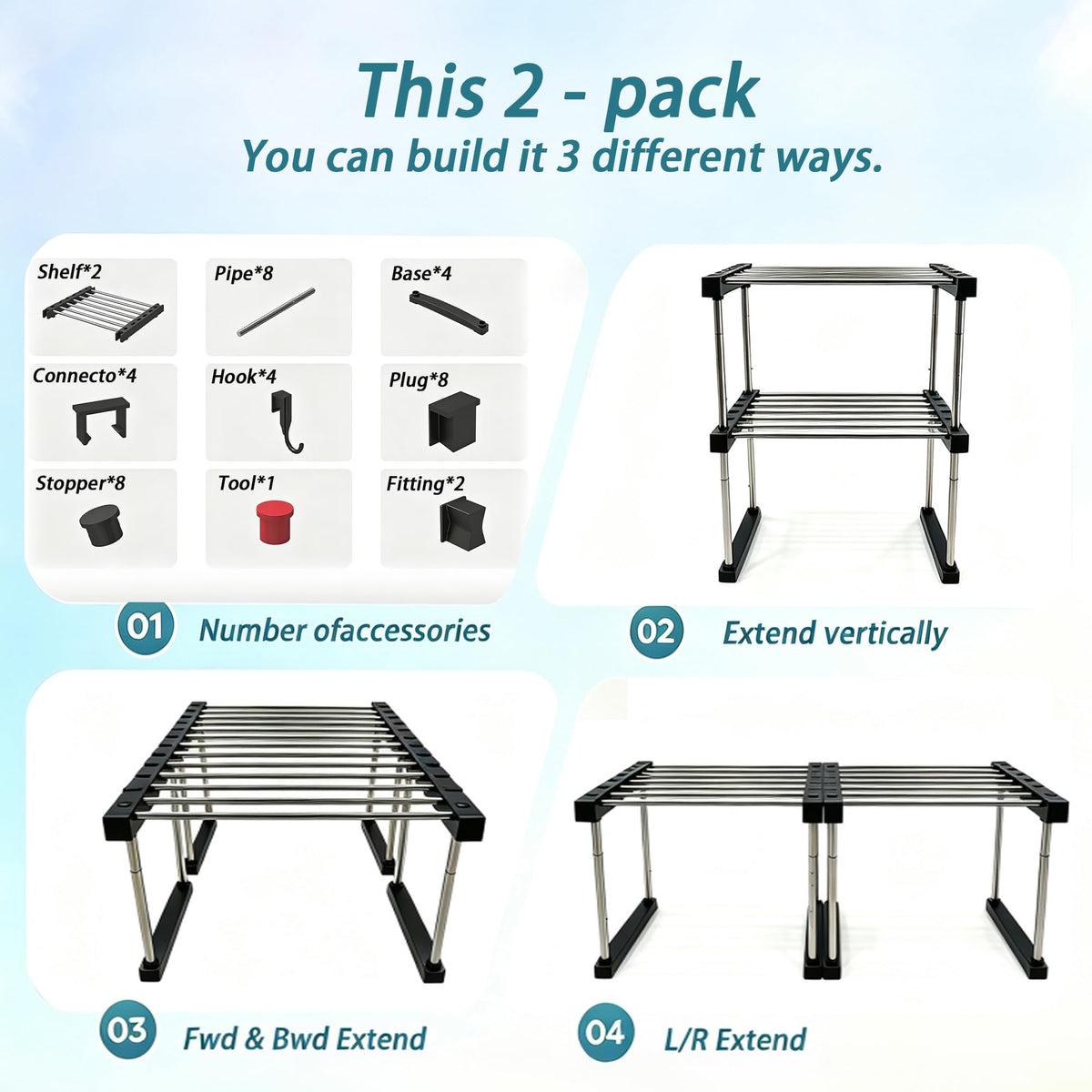 Expandable Cabinet Organizer Shelf, Stackable Storage Shelves(2 PACK)