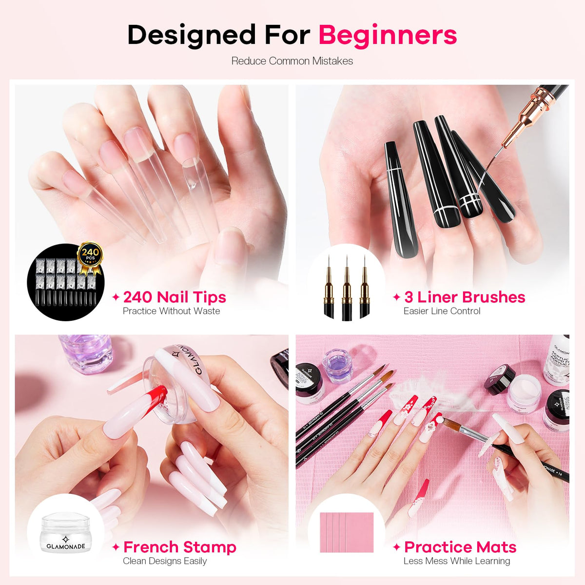 Glamonade Acrylic Nail Kit for Beginners: Prep to Finish Home Practice DIY
