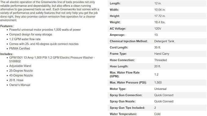 Greenworks 1500 PSI 1.2 GPM Pressure Washer (Upright Hand-Carry) PWMA Certified