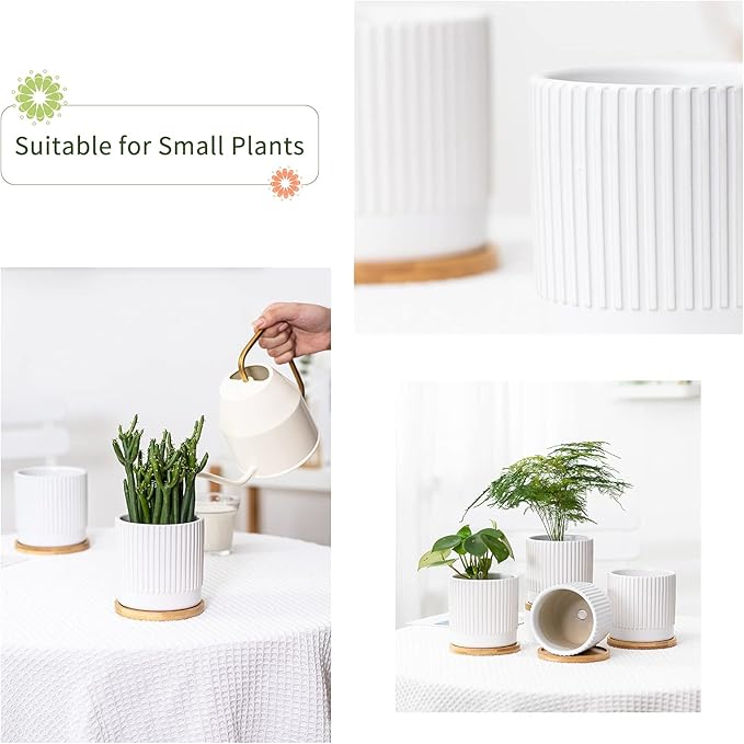 AOMRYOM 4.25 Inch Small Ceramic Plant Pots with Drainage Holes and Trays, Garden Flower Pots for Indoor Outdoor Plants, Succulents, Cactus and Herbs, White Stripe, Set of 4 (Plant Not Included)