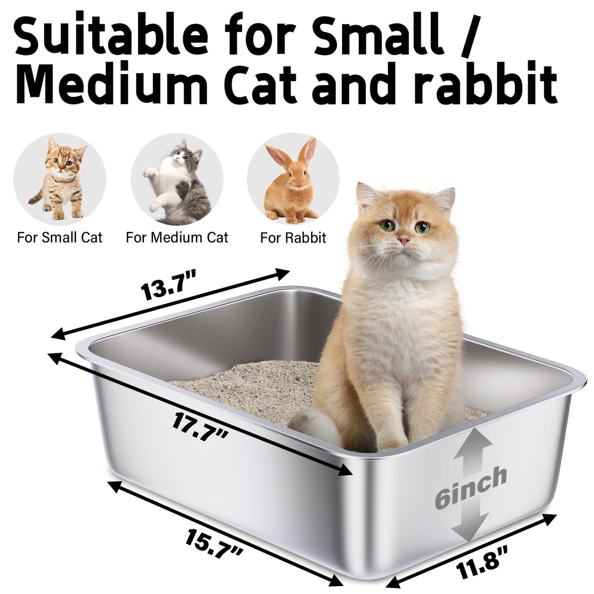 Holintan Stainless Steel Litter Box 2 Pack, Metal Cat Litter Box