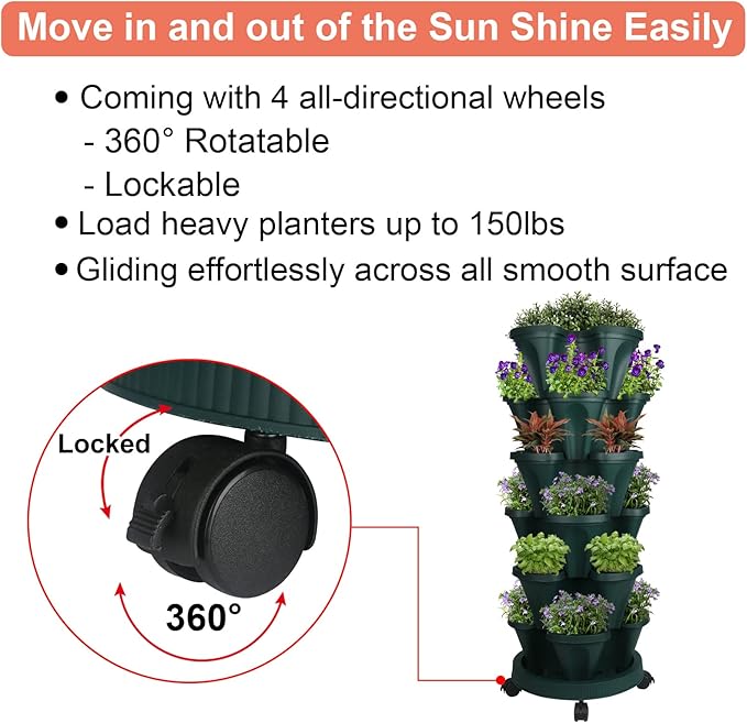 Vertical Planter 6 Tier Stackable Planters Garden Planters Strawberry Herb Flower and Vegetable Planter Indoor Outdoor Gardening Pots with Removable Wheels and Tools 2-Pack
