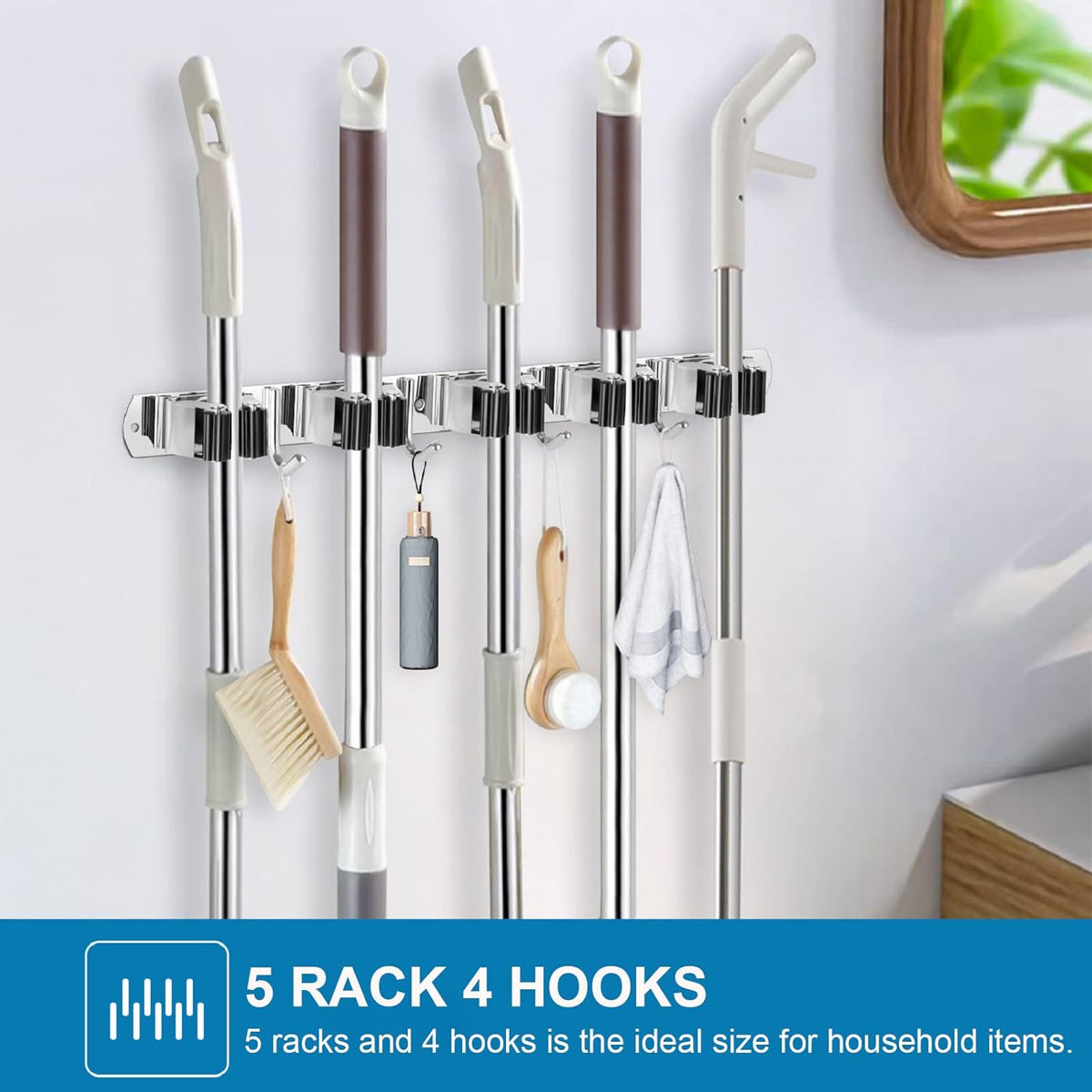 IMILLET 2 Pack Wall Mount Broom Holder Stainless Steel 5 Racks with 4 Hooks Broom Organizer Self Adhesive Heavy Duty Laundry Room, Garage Organization Storage