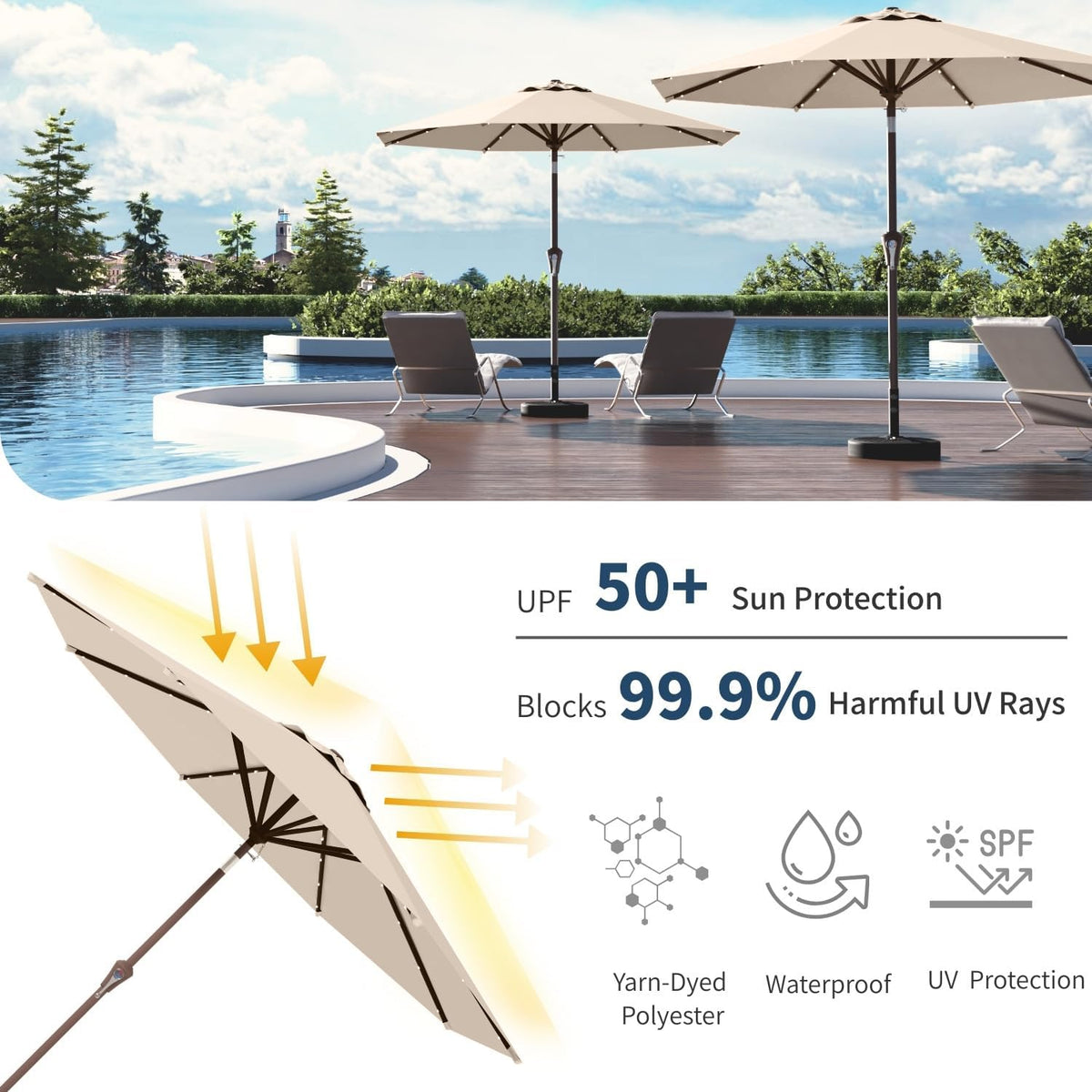 10FT Solar Umbrella 32 LED Lighted Patio Umbrella Table Market Umbrella w/Tilt and Crank, UV-Resistant Outdoor Umbrella for Pool, Garden, Deck, Beige