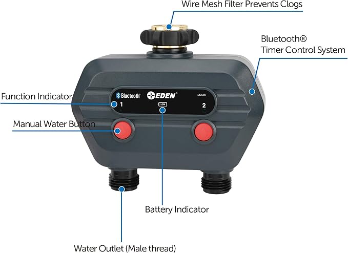 Eden 93442 2-Zone Bluetooth Water Timer for Smart Irrigation - Remote Control via App, Customizable Scheduling, and Water Delay Setting