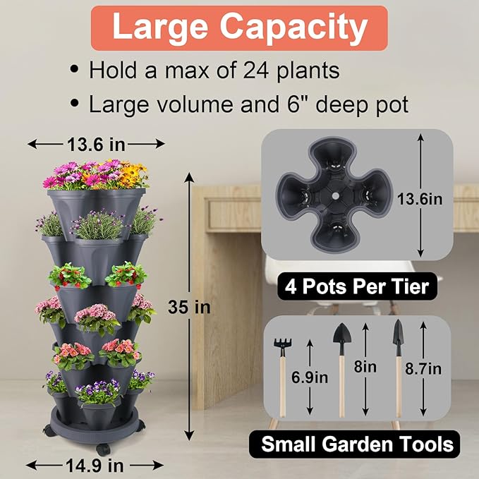Vertical Planter 6 Tier Stackable Planters Garden Planters Strawberry Herb Flower and Vegetable Planter Indoor Outdoor Gardening Pots with Removable Wheels and Tools