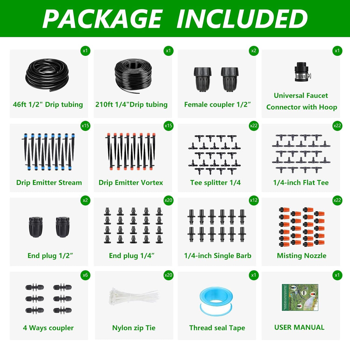 256FT Automatic Drip Irrigation System Kit,Automatic Garden Watering Misting System for Greenhouse, Yard, Plant ，Lawn with 1/2 inch Hose 1/4 inch Distribution Tubing and Accessories