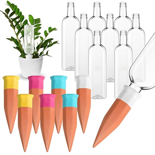 8 Pack Plant Watering Devices, Terracotta Self Watering Spikes with 25 oz Plastic Wine Bottles, Slow Release Plant Waterer Self Watering Planter for Vacation Indoor Outdoor Plant
