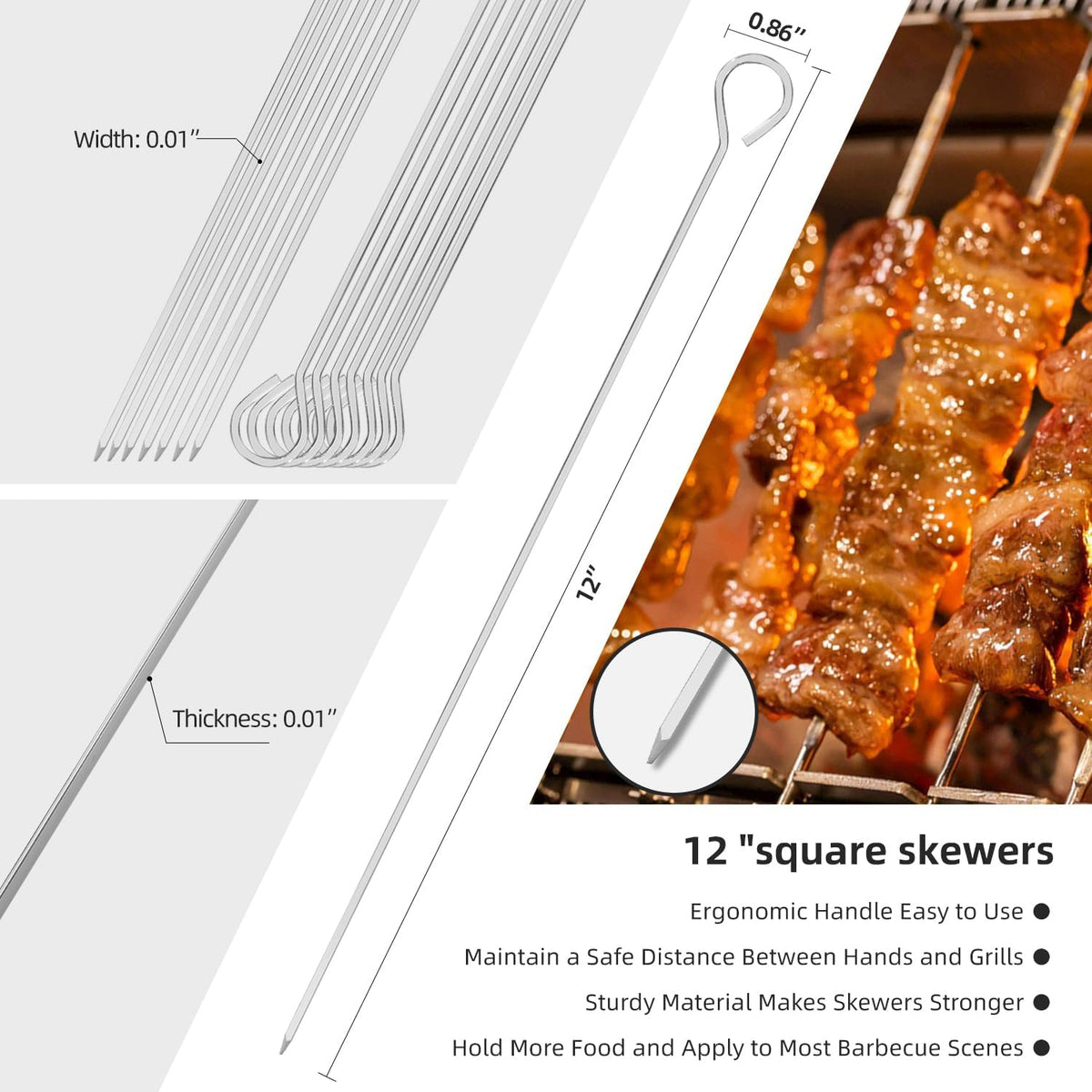 12" 12 Pack - Metal Skewers Reusable Kabob Skewers BBQ Barbecue Skewers for Grilling, Stainless Steel