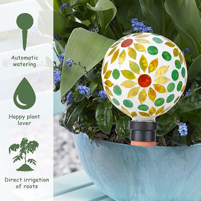 Plant Watering Globes Mosaic Self Watering Spikes 2 Pack for Indoor Outdoor Plants Automatic Plant Waterer Plant Watering Devices for Vacations Pot
