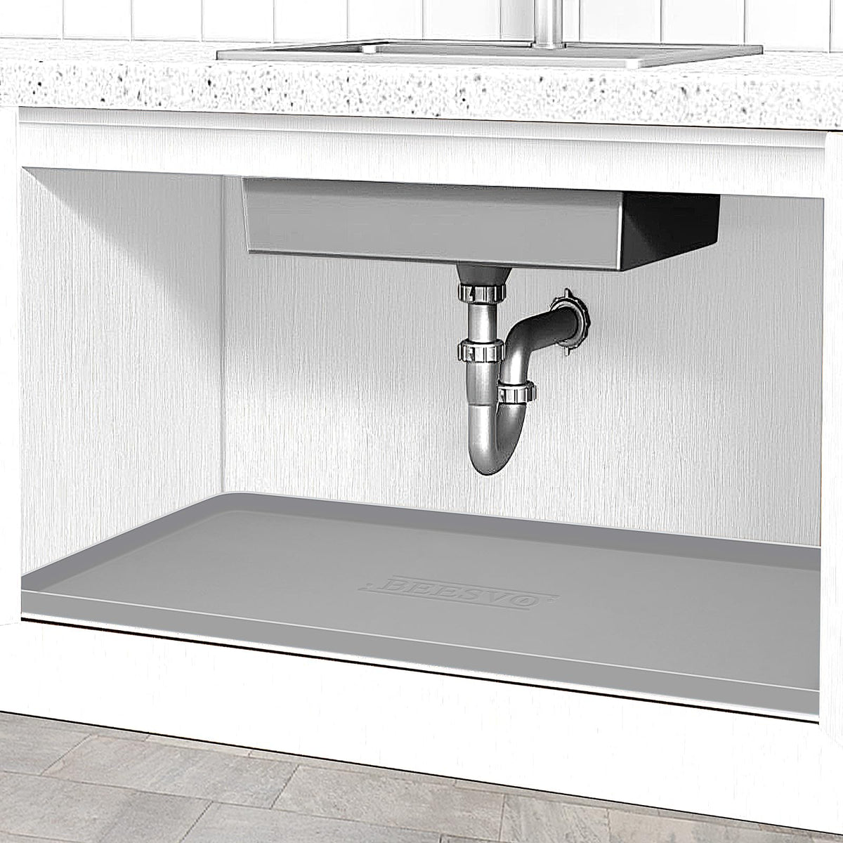 Under Sink Mat for Kitchen Waterproof, 34" x 22" Silicone Under Sink Liner Kitchen & Bathroom Cabinet Protector Mats, Heavy Duty Flexible Under Sink Drip Tray with Lip, Cool Grey