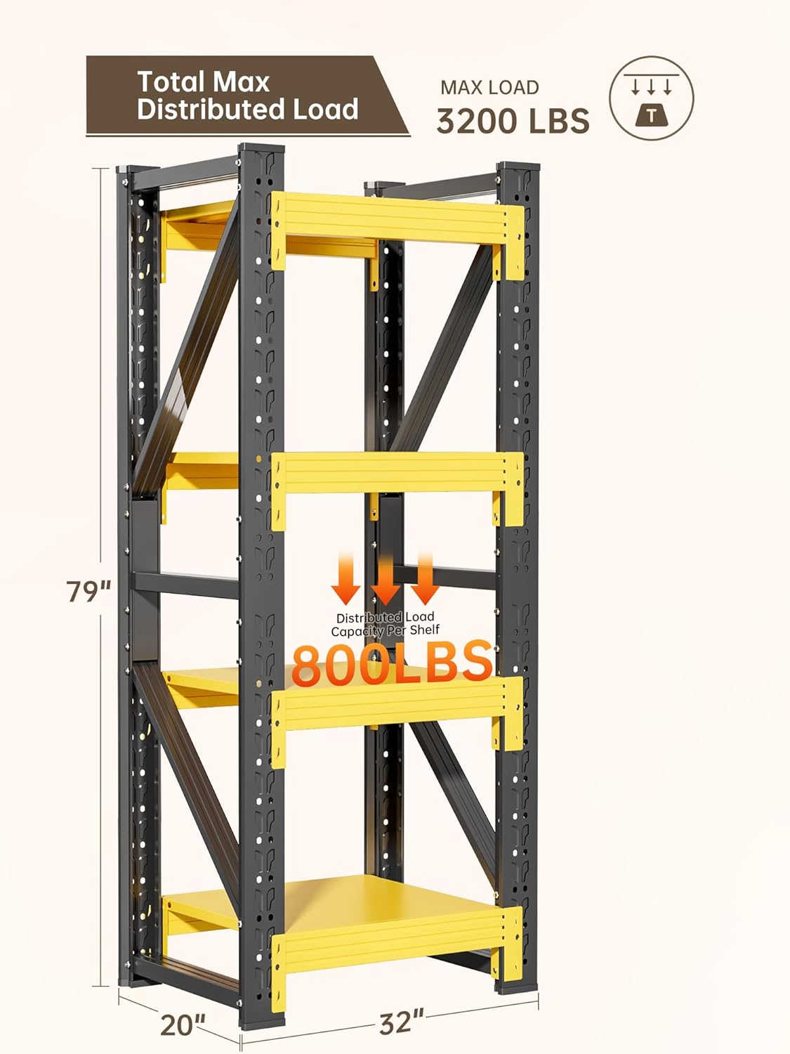 4-Tier Storage Shelves,79" H Heavy-Duty Garage Shelving Unit,Adjustable Industrial Metal Shelf System,3,200lbs Capacity,Tool Organizer for Garage,Workshop,32" W*20" D*79" H,Black&Yellow