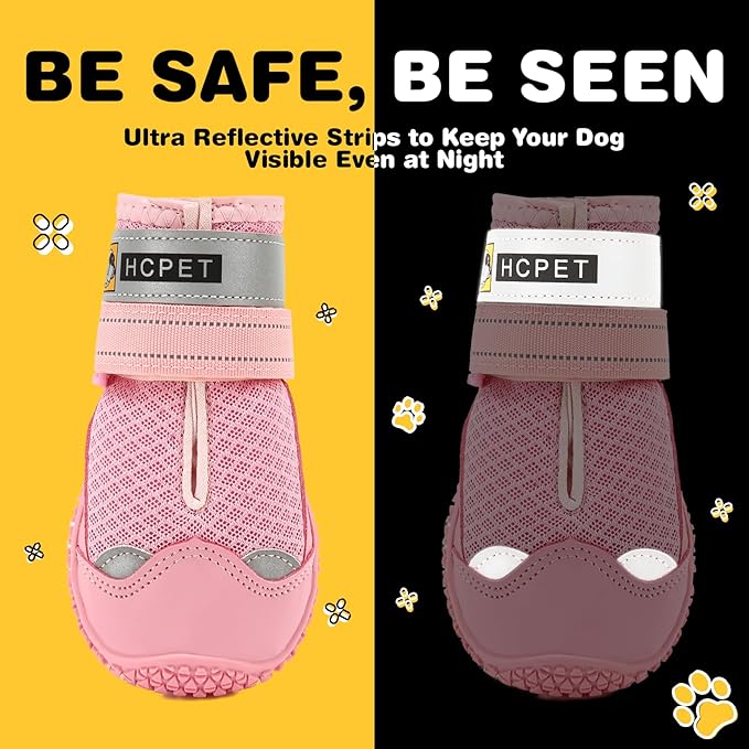 Hcpet Dog Shoes for Large Dogs, Breathable Dog Booties for Small Medium Dogs, Anti-Slip Dog Boots & Paw Protectors for Hot Pavement Winter Snow Hiking with Reflective Straps Pink Size 5