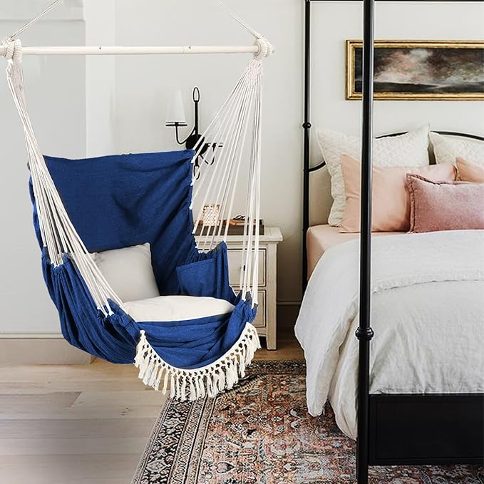 Chihee Hammock Chair Hanging Chair with Foot Rest 2 Cushions Max 500lbs Robust Metal Spreader Bar Collapsible Easy Storage Soft Cotton Swing Chair Strong Strap Iron Carabiner Side Pocket Included