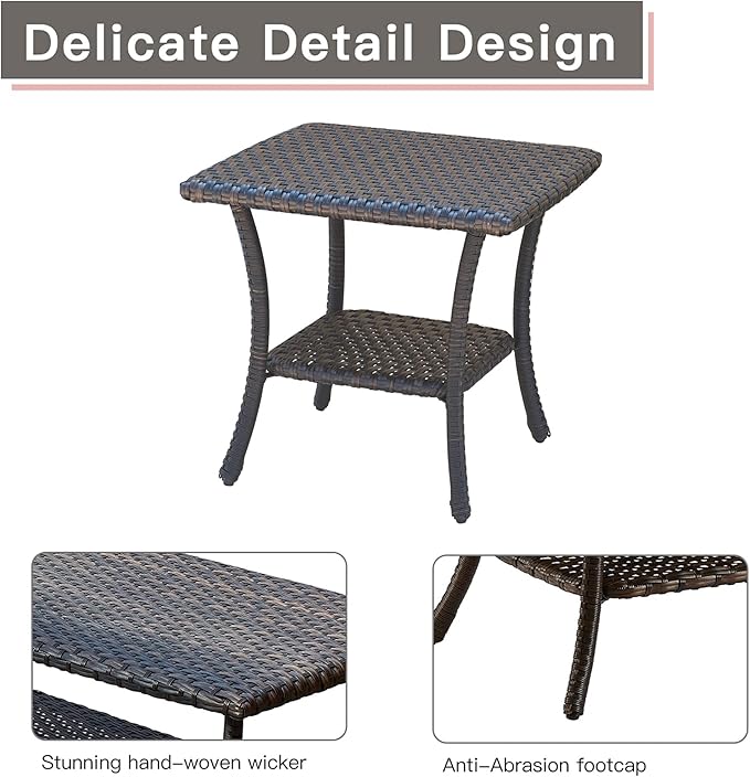 Patio Tables Outdoor Coffee Table - Wicker Rattan Side Tables with 2-Tier Storage Shelf End Table for Porch Deck Balcony Garden Outside Square Brown
