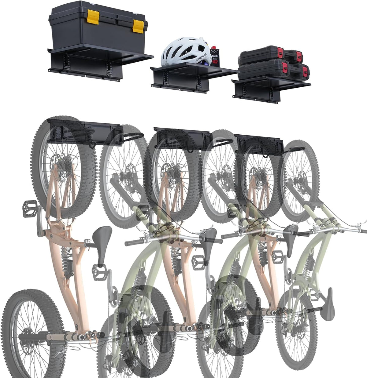 VEVOR Bike Storage Rack, 6 Bike Racks and 3 Helmets Hooks, Wall Mount Bike Storage Hanger with 3 Shelves, Home & Garage Organizer, Customizable for Various Bike Sizes, Holds Up to 300 lbs, 48-inch