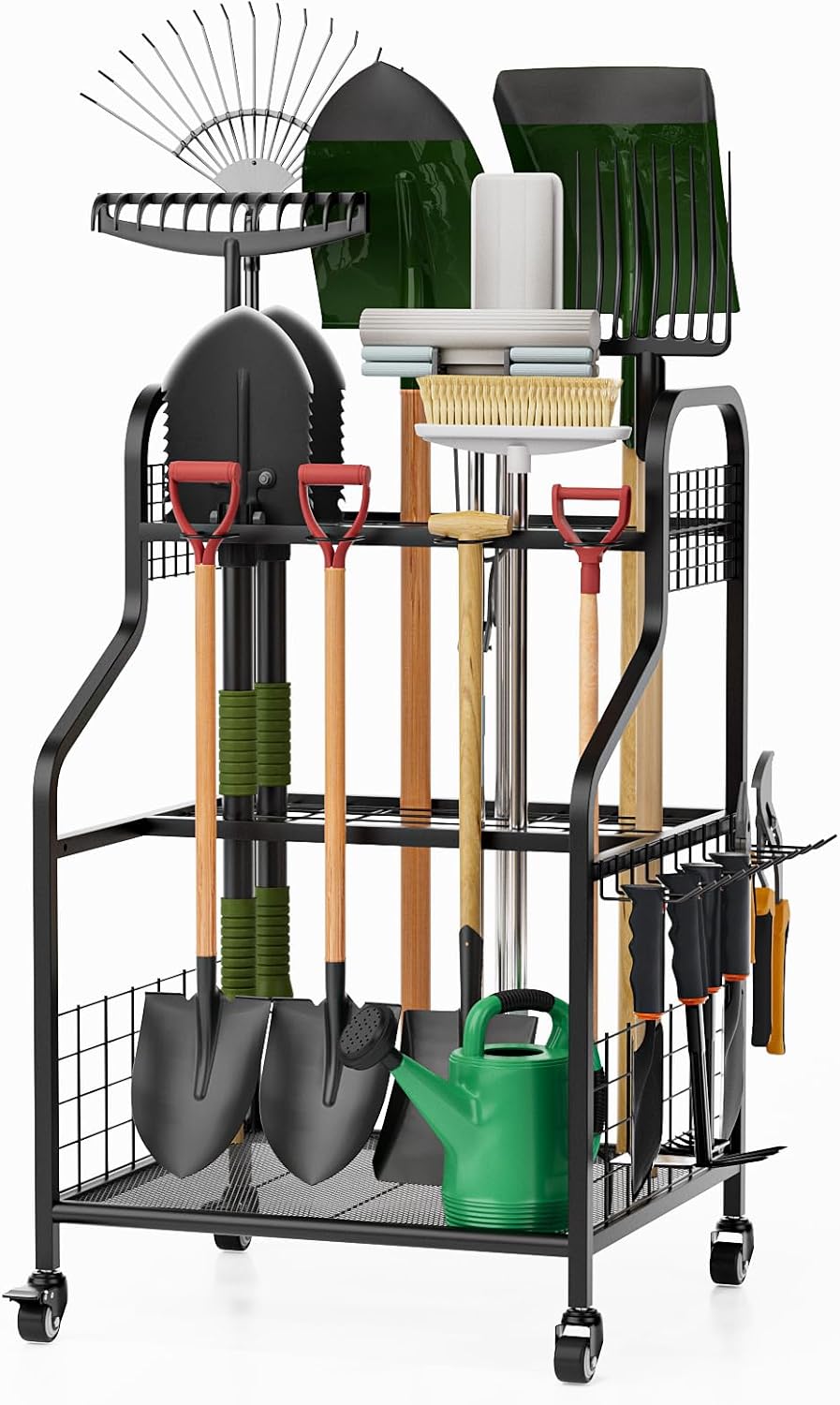 FZK Garden Tool Organizer,Heavy Duty Steel Yard Tool Organizer for Garage,Up to 49 Long-Handled Tools, Garden Tool Storage with Wheels,Garden Tool Organizer for Garage,Black