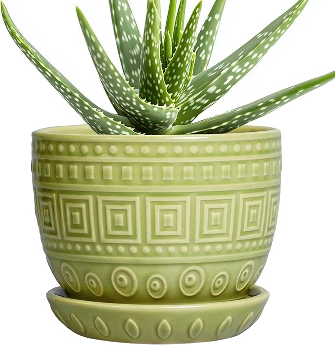 G EPGardening Ceramic Pots for Plants - 5.5 Inch Round Ceramic Planter for Indoor, Boho Succulent Pot with Drainage Hole and Plant Saucer, Gift for Plant Lover, Garden Home Desk Decor, Green