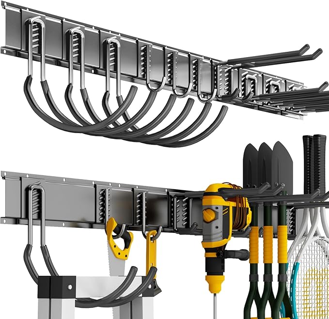 Garage Organization Tool Organizer Wall Mount, 64inch Heavy Duty Garden Tool Organizer Storage System, Easy Install with 10 Adjustable Hooks, for Garage, Basement, Shed, Workshop(Black)