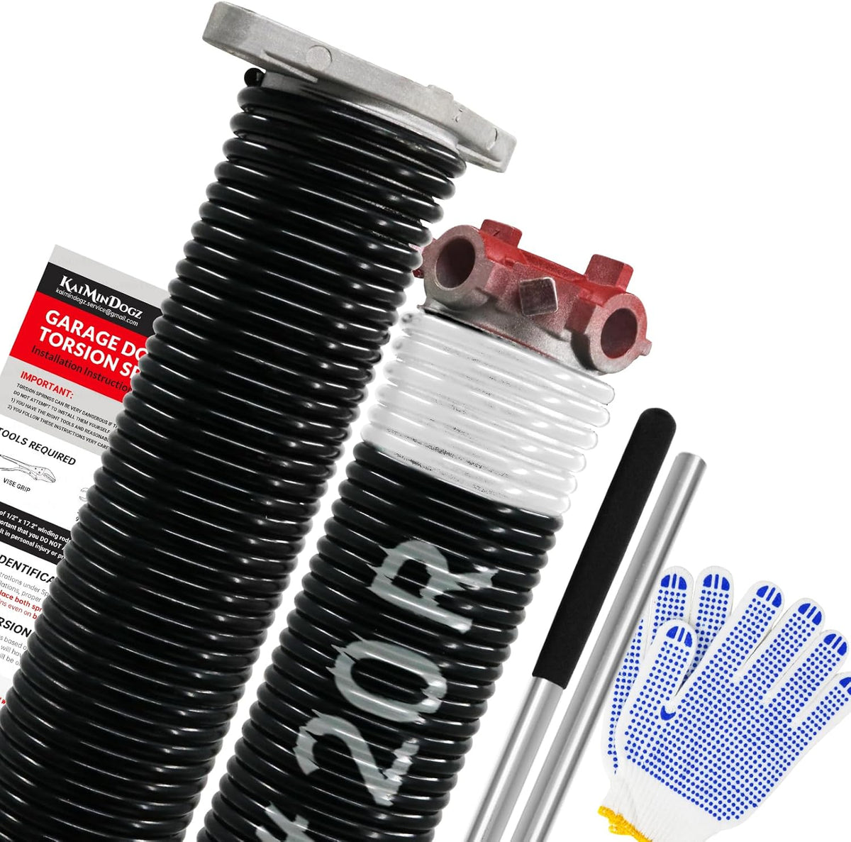 Pair of 1.75" Garage Door Torsion Springs Set with Non-Slip Winding Bars&Gloves, High Precision Electrophoresis Oil-Free Black Coated for Replacement, MIN 16,000 Cycles (0.218 x 1.75"x 20")