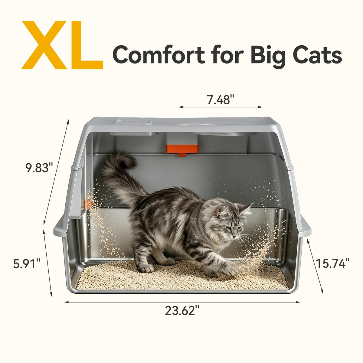 Tevila XL Enclosed Stainless Steel Litter Box with Lid, Light Gray