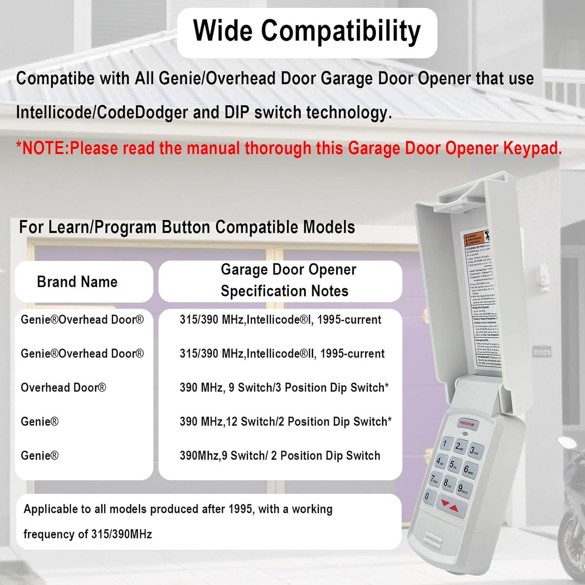 for Genie Garage Door Opener Keypad Compatible with All Genie Intellicode Overhead Door Codedodger and Dip Switch Garage Door Opener Wireless Keypad Keyless Entry Replace for 1995-Current 315/390MHZ