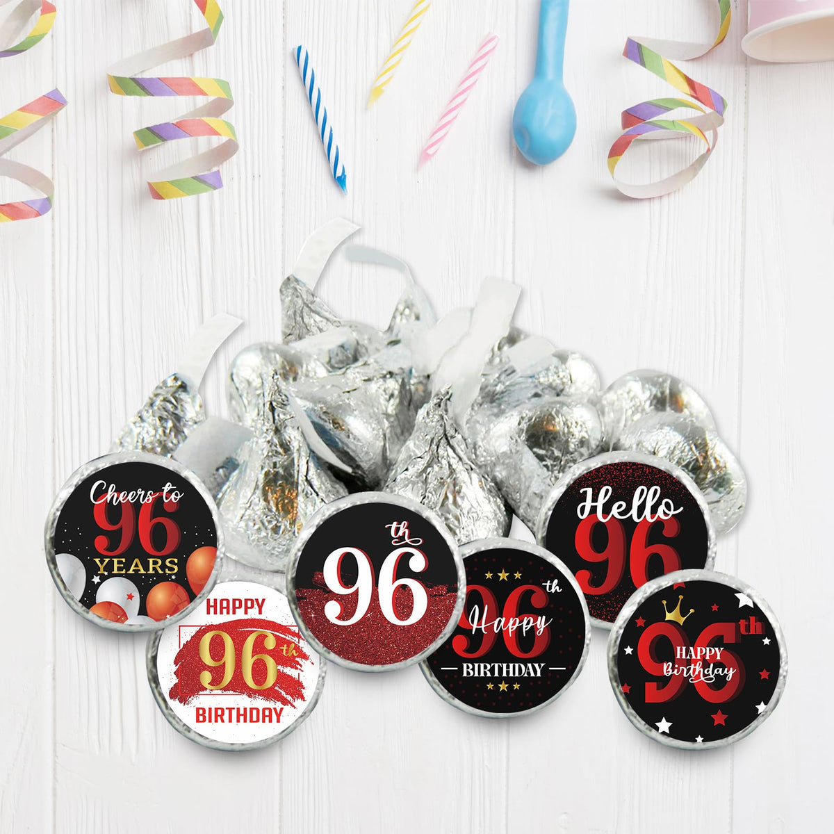 Happy 96th Birthday Party Favor Labels Chocolate Candy Stickers - 96 Years Old Birthday Round Candy Sticker Party Favors - Black and Red - 150