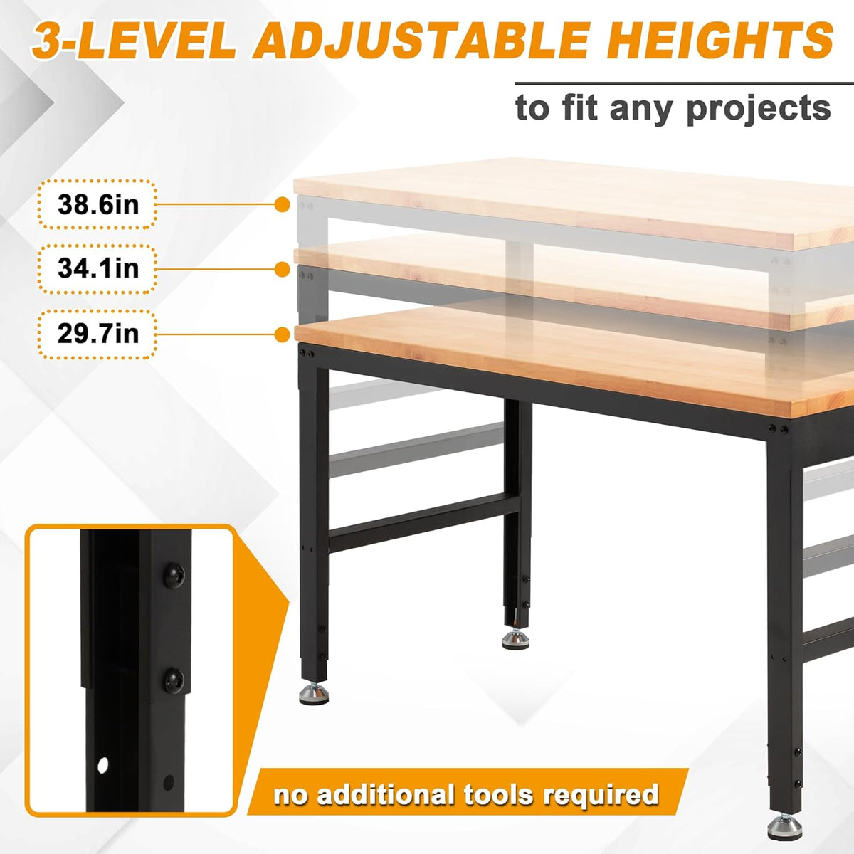HABUTWAY Height Adjustable Workbench 60" 2000 Lbs Capacity Solid Wood Work Station Heavy-Duty Work Tables with Power Outlets for Garage Party Shop Office