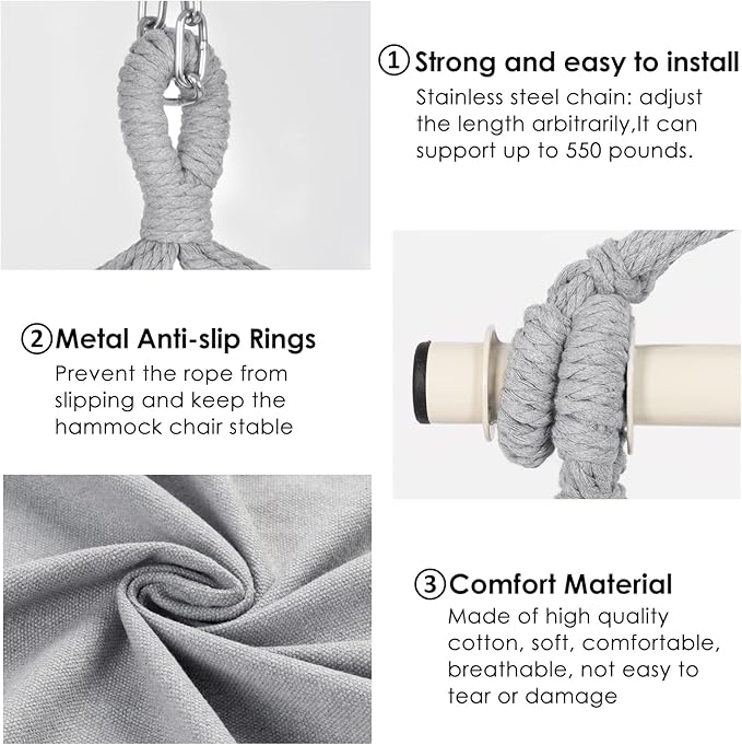 Y- STOP Hammock Chair Hanging Rope Swing Chair, Max 500 Lbs, 2 Seat Cushions Included, Removable Steel Spreader Bar with Anti-Slip Rings, Hardware kit-for Indoor or Outdoor(Light Grey)