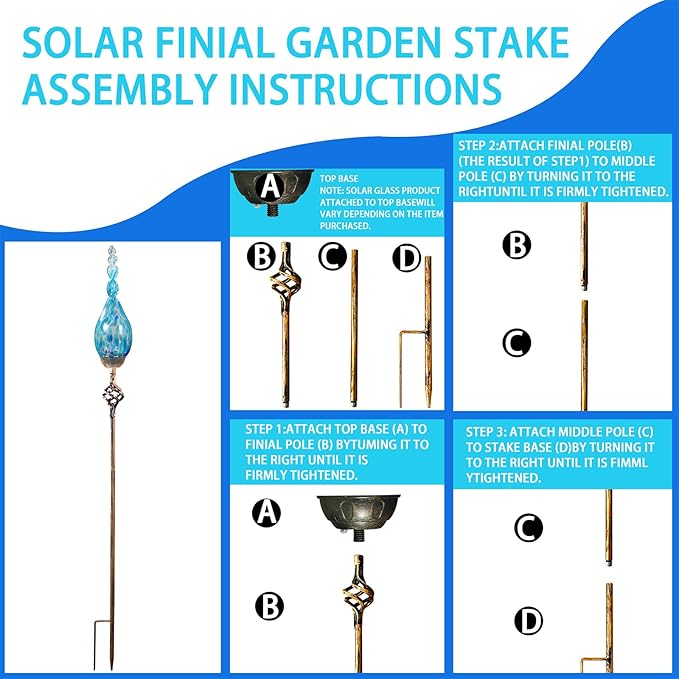 Garden Solar Light, Decorative LED Flame Garden Stakes, Hand Blown Glass and Metal Outdoor Decoration, 3 x 36 Inches (Light Blue)