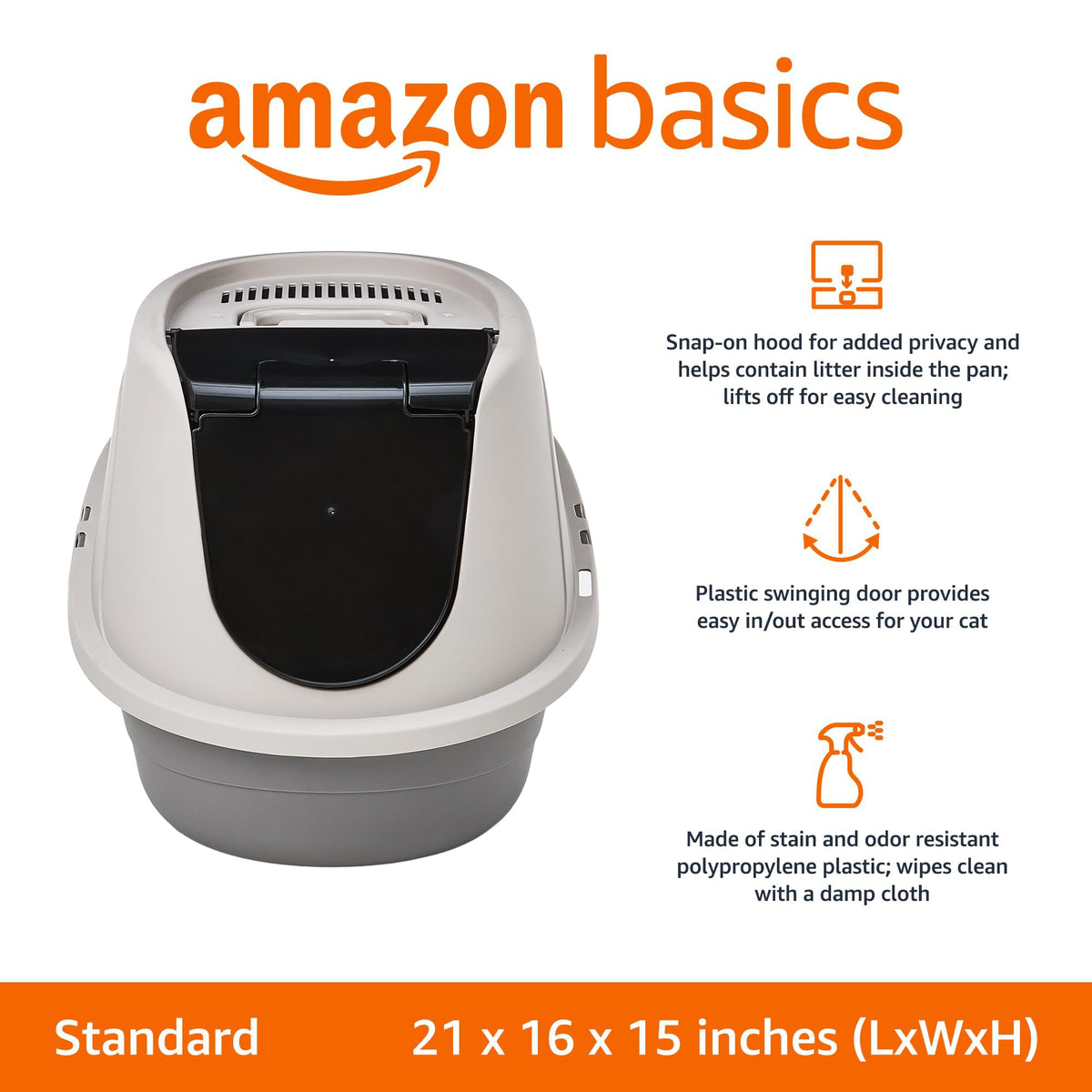 Amazon Basics No-Mess Hooded Enclosed Cat Litter Box with Odor Control and Swinging Door, Standard, 21" x 16" x 15", Multicolor