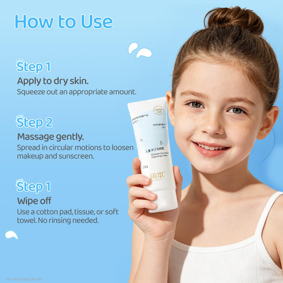 RUNBEN Kids Makeup Remover Cleansing Cream, No-Rinse, 4.23 oz