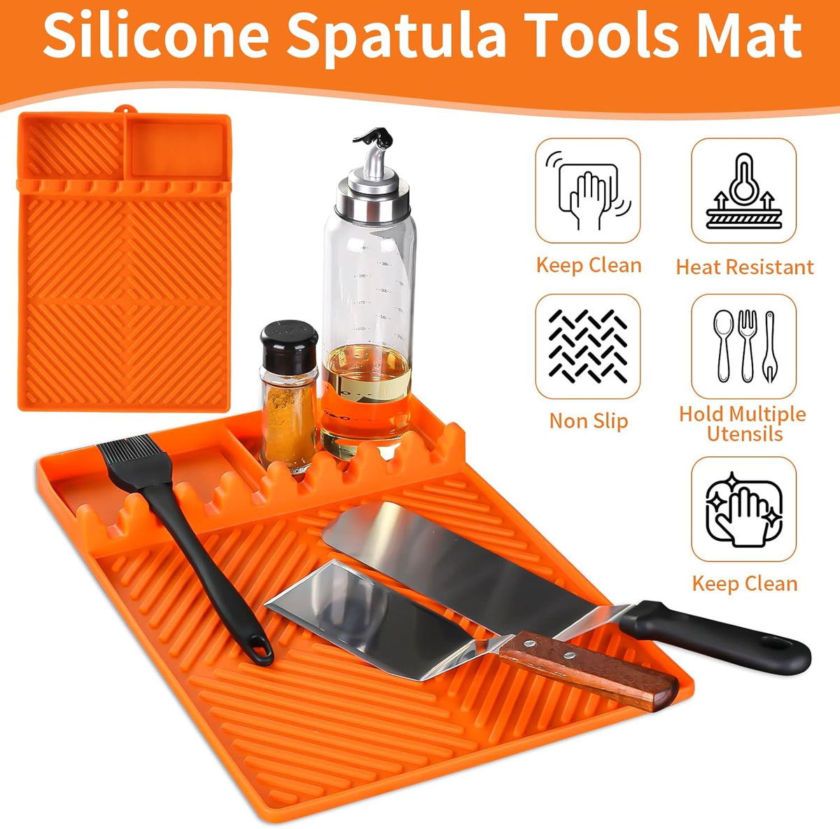 Griddle Mat Barbeque Grill Accessories Tools for Blackstone, Side Shelf Mat Grill Pad for Outdoor Grill Kitchen Counter Spatula Silicone Mat with Drip Pad for Kitchen, Cooking, Countertop (Orange)