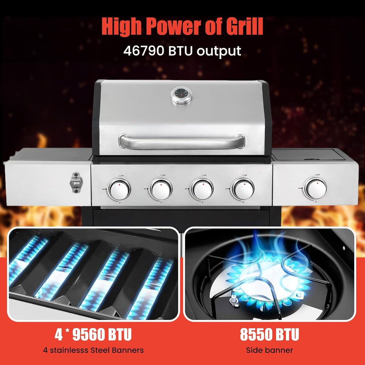 HYCHIKA 4-Burner Propane Grill with Sear & Side Burner, 46790 BTU Gas Grill with Griddle Pan & Enameled Cast Iron Grates, BBQ Grill with 439 Sq. In. Grilling Area for Outdoor, Patio, Backyard Babecue