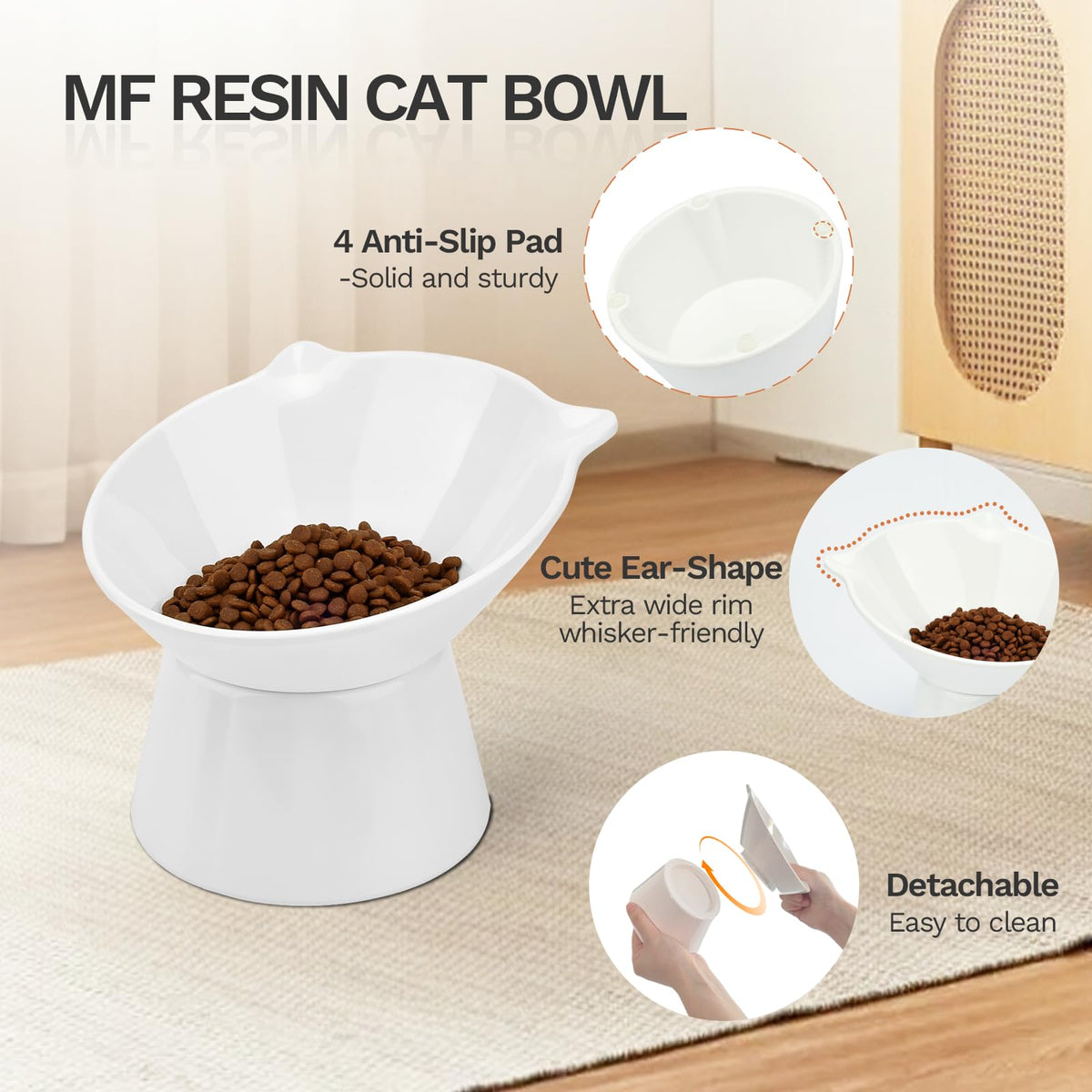 Raised Cat Bowls, 6.3" Extra Wide Shallow Elevated Cat Bowl Detachable, 15° Tilted Whisker Friendly Cat Feeding Bowl, 16oz Capacity, Anti-Vomiting, Neck Protection, Food&Water for Cats Puppies, White