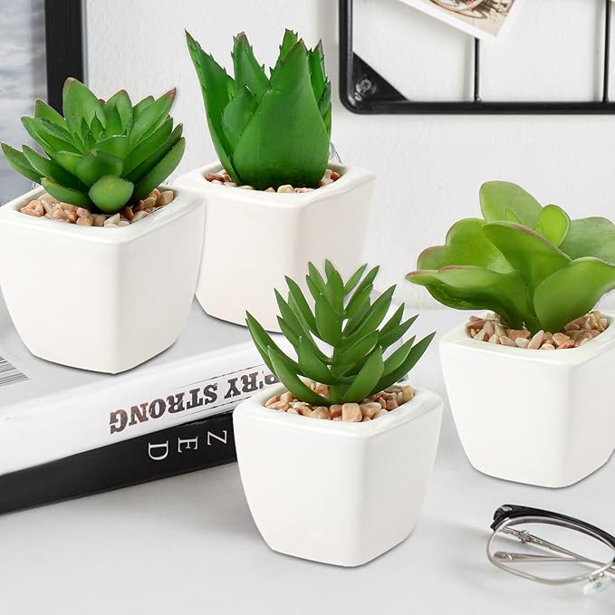 Hollyone Succulents Plants Artificial 4Pcs Small Fake Succulents in Pots Faux Plastic Potted Plants with White Ceramic Pot for Home Decor Office Desk Bathroom Shelf Indoor & Outdoor Decoration