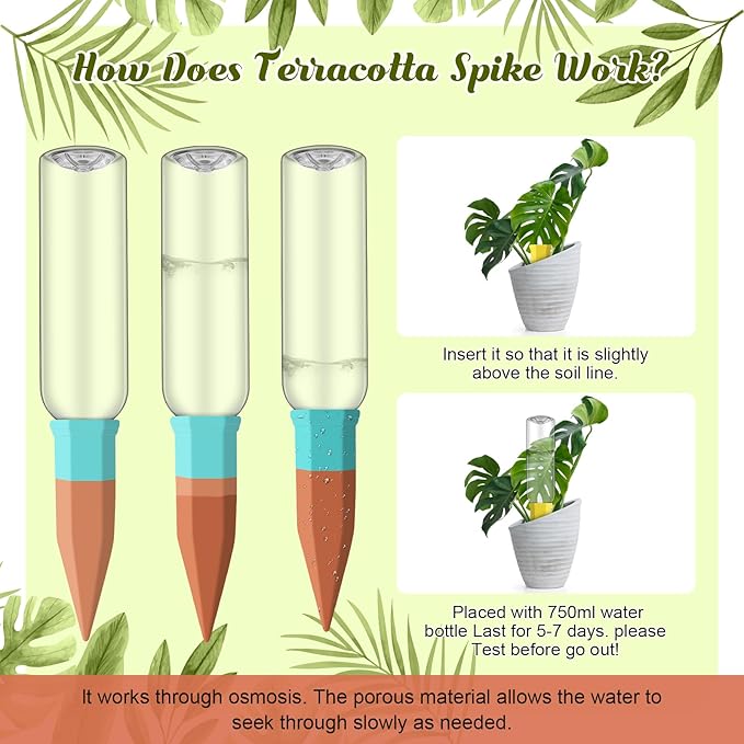 6 Sets Plant Watering Devices Include Terracotta Self Watering Spikes and 26 oz Plastic Bottles, Slow Release Vacation Insert Automatic Plant Waterer Device (Clear and Mixed Color)
