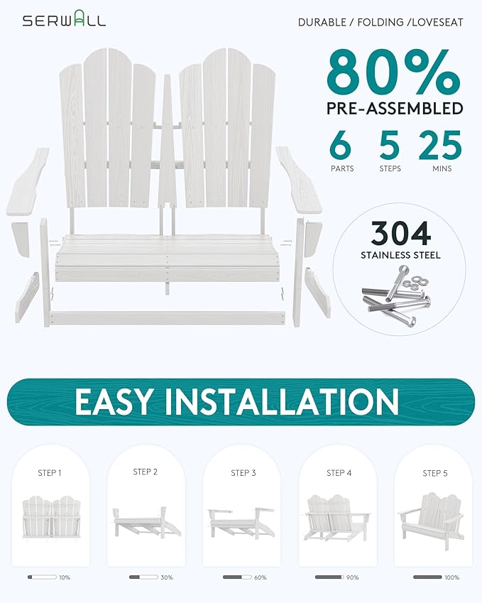 SERWALL 2 Person Adirondack Loveseat, HDPE All-Weather Folding Adirondack Bench Chair, Outdoor Adirondack Chair Set of 4, White